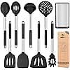 Silicone Cooking Utensil Set, 8Pcs Non-stick Cookware with Stainless Steel Handle, BPA Free Heat Resistant Kitchen Tools with Spatulas, Turners, Spoons, Skimmer and Pasta Fork