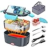 CHARMDOO Electric Lunch Box, Food Warmer Heater 12V 24V 110V, 80W Faster Heated Lunch Box for Car/Truck/Home Portable Heating Boxes with 1.5L 304 SS Container Fork & Spoon