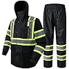 JKSafety Hi-Vis Reflective Safety Rain Jacket and Pants for Men Women Waterproof Rain Gears for Farming Fishing Work HV Rain Suit with Inner Mesh Lining and Pockets (117-Black XL)