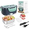 Electric Heated Lunch Boxes Adults: 80W Electric Lunch Box Food Heated 12/24/110V 1.5L Heatable Lunch Box for Car/Truck/Office Leak-Proof Stainless Steel Container, Fork & Spoon, Bag (Grey+Green)