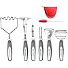 Stainless Steel Potato Masher & Peeler Set (6PCS Set - Gray) - Includes Potato Masher, Wire Masher, Multi-purpose Peelers, Comfortable Grip Design For Kitchen, Free Silicone Brush and Oven Mitt