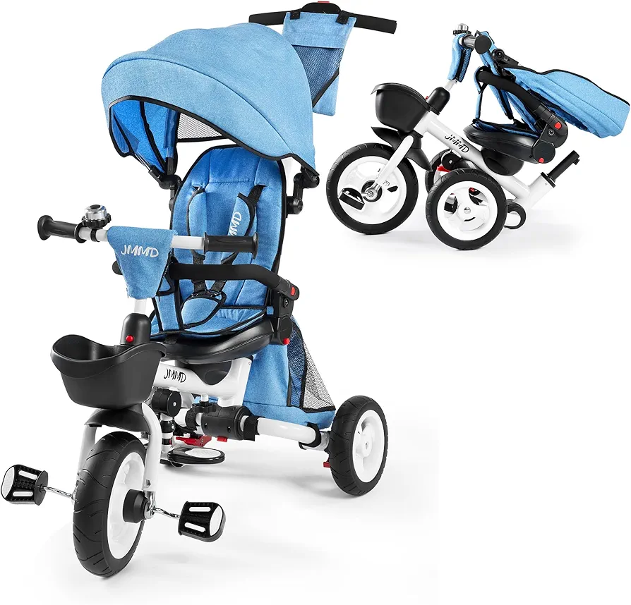 JMMD Baby Tricycle, 7-in-1 Folding Kids Trike with Adjustable Parent Handle, Safety Harness & Wheel Brakes, Removable Canopy, Storage, Stroller Bike Gift for Toddlers 18 Months - 5 Years(Blue)