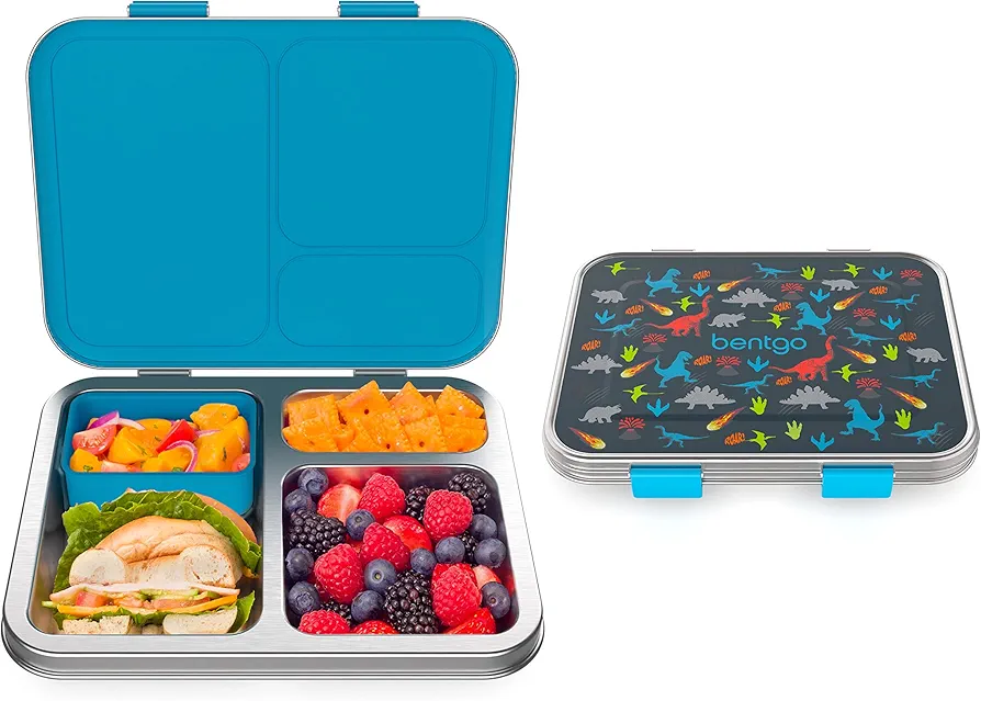 Bentgo Kids Stainless Steel Prints Leak-Resistant Lunch Box - 3-Compartment Bento Style Lunch Box with Bonus Container - Eco-Friendly, Dishwasher Safe, BPA-Free, Ages 3+ (Dinosaur)