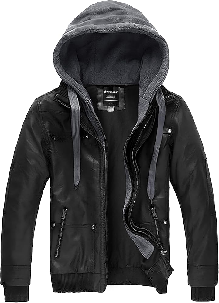 wantdo Men's Faux Leather Jacket with Removable Hood Motorcycle Jacket Casual Warm Winter Coat