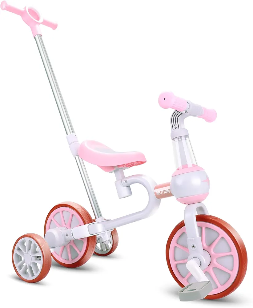 XIAPIA Kids Tricycles for 2-4 Years Old Girls with Detachable Pedal and Training Wheels, Push Bike for Toddlers 1-3, Riding Trikes Toys with Adjustable Push Handle, Birthday Gifts for Kids