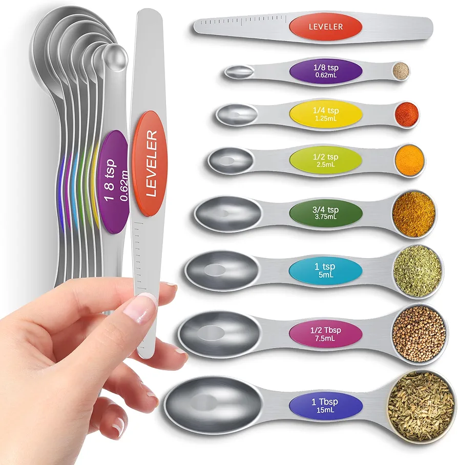 Premium Magnetic Measuring Spoons Set|Strong N52 Magnets|Heavy Duty Stainless Steel|Dual-Sided for Spice Jar & Liquid Measuring|Dishwasher Safe|7 Spoons with Leveler for Baking & Cooking (Colorful)