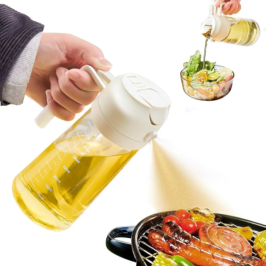 2 in 1 Oil Dispenser And Oil Sprayer for Kitchen, 2 in 1 Oil Sprayer Came With Some Stickers With Various Oil Labels, 420ml/14oz Oil Sprayer Perfect for Cooking, Air Fryer, BBQ, Baking, Salad - White