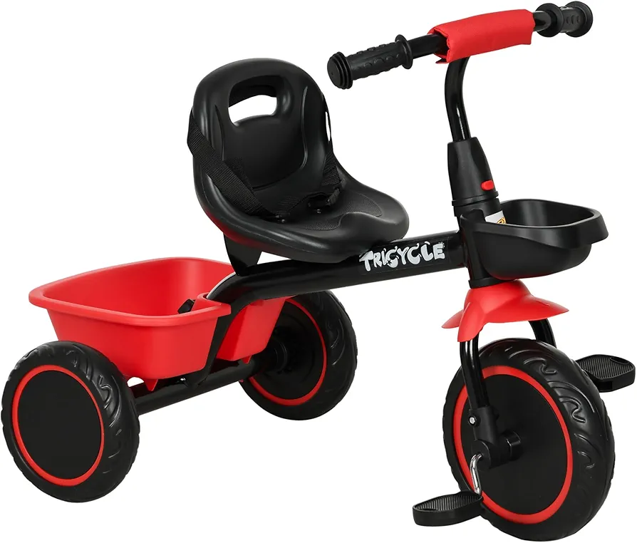 Qaba Tricycle for Toddlers Age 2-5 with Adjustable Seat, Toddler Bike with Storage Baskets for Girls and Boys, Red