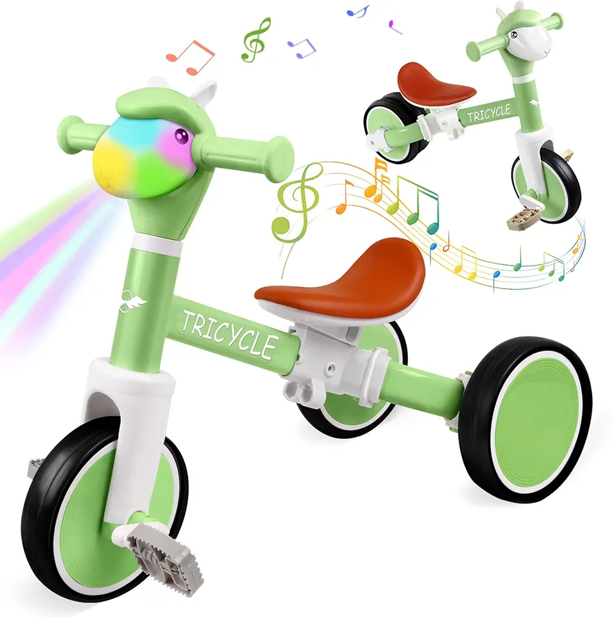 Tricycle for Toddlers 1-3 Year Olds, Toddler Balance Bike for Boys Girls 2-4, Toddler Tricycle with Light & Music Front, Kids Bicycle with Removable Pedal, Birthday Gifts for 2 3 4 5 Year Kids (Green)