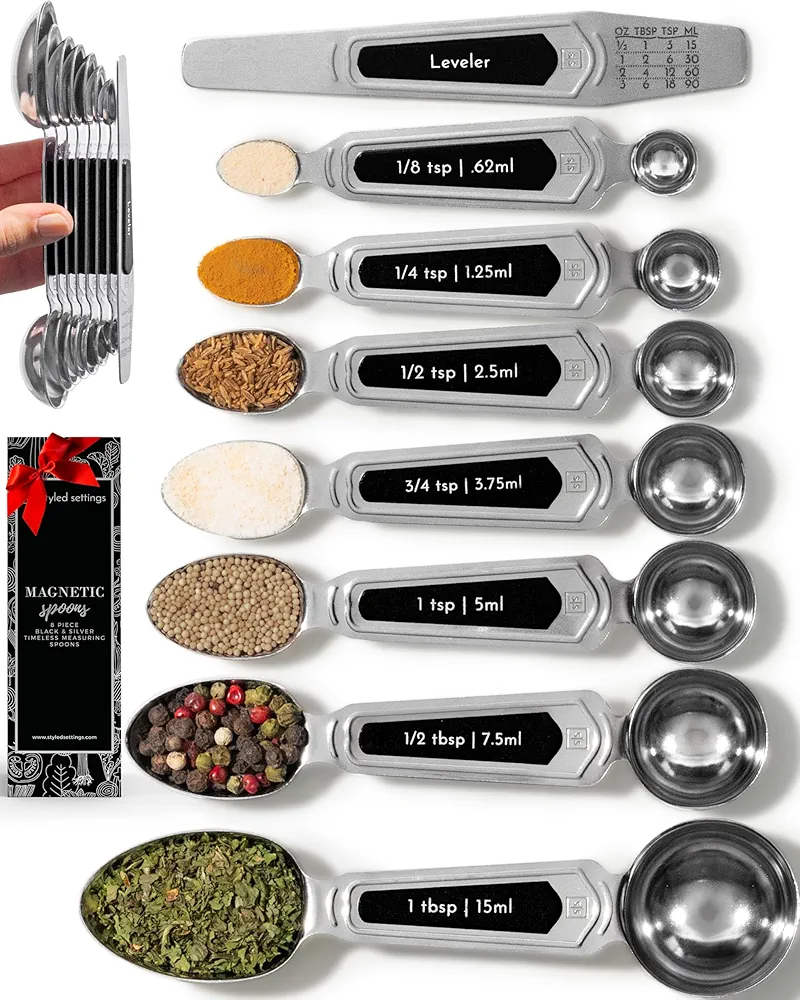 Magnetic Measuring Spoons Set Stainless Steel - 8-Piece Heavy Duty Metal, BPA-free, Stackable, Double Sided Measuring Spoons with Leveler for Dry and Liquid Ingredient - Fits in Spice Jars