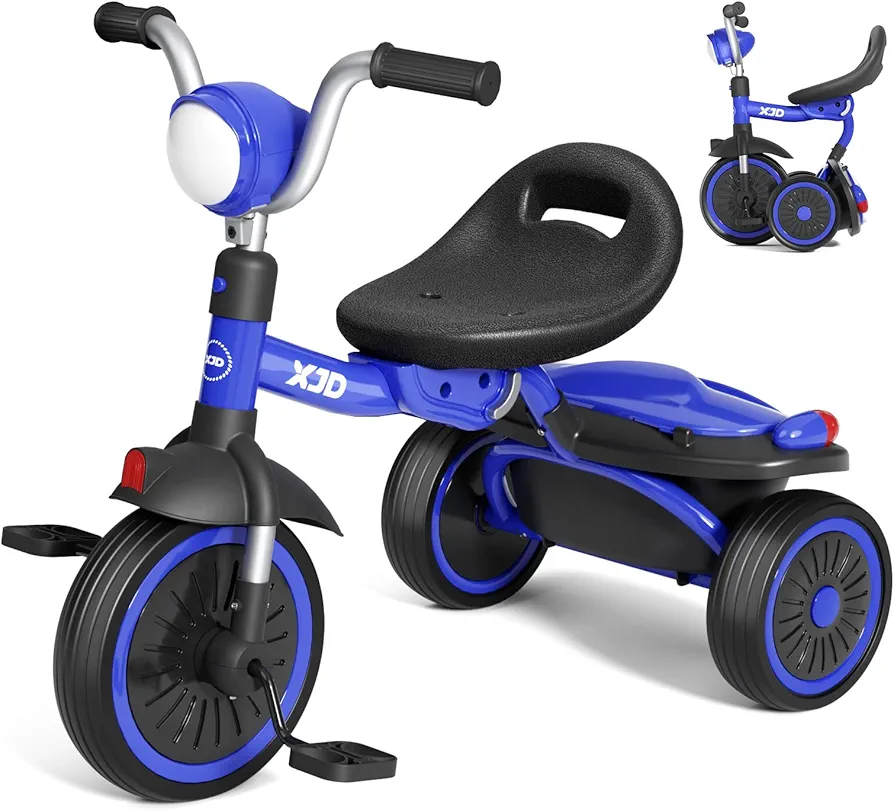 XJD Toddler Tricycle, Foldable Toddler Bike with Pedals, Tricycle for 2-5 Year Olds, Adjustable Comfortable Seat, Birthday Gifts for 1-5 Years Old Boys and Girls (Blue)