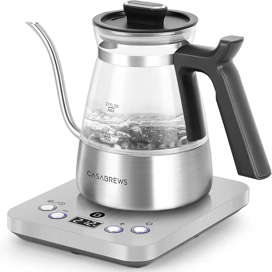 CASABREWS Gooseneck Electric Kettle, Stainless Steel Glass Kettle with Temperature Control & Reservation Time Function, Pour Over Kettle for Coffee & Tea, Fast Boiling, Auto Shut-Off, 1200W/0.8L