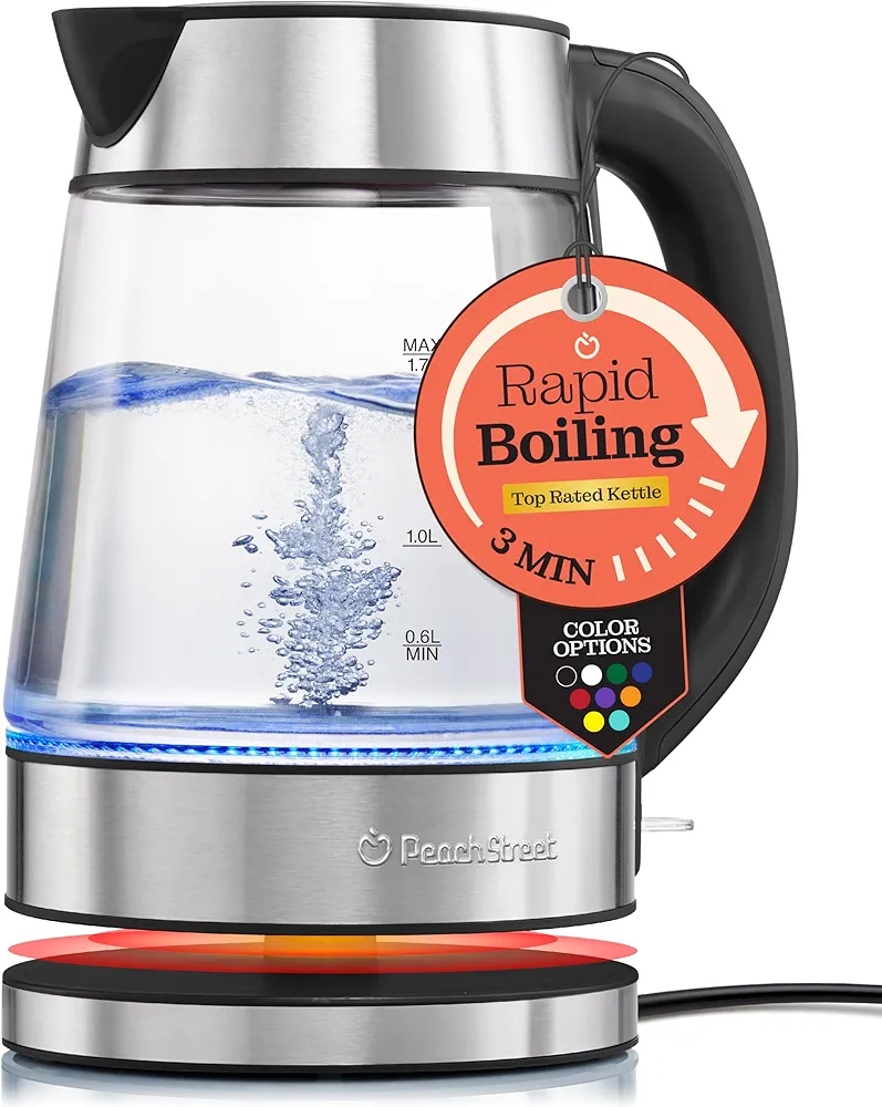 Speed-Boil Electric Kettle For Coffee & Tea - 1.7L Water Boiler 1500W, Borosilicate Glass, Easy Clean Wide Opening, Auto Shut-Off, Cool Touch Handle, LED Light. 360° Rotation, Boil Dry Protection