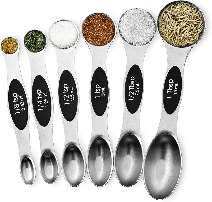 NutriChef 6-Piece Magnetic Measuring Spoon Set-Stainless Steel Stackable Dual Sided Nesting Teaspoon to Tablespoon for Dry & Liquid Ingredients, Stylish, 6 Sizes, Black