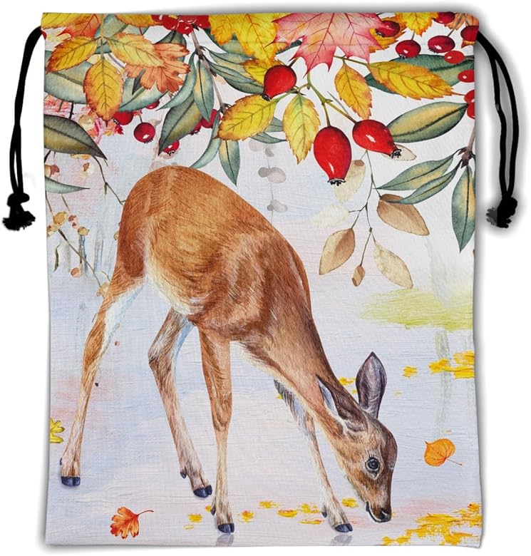 Watercolor Fall Deer Grip Bag - Autumn Grip Bags Animal Drawstring Bag Forest Pouch Bag Artwork Athlete String Bag for Grips Shoe Towel