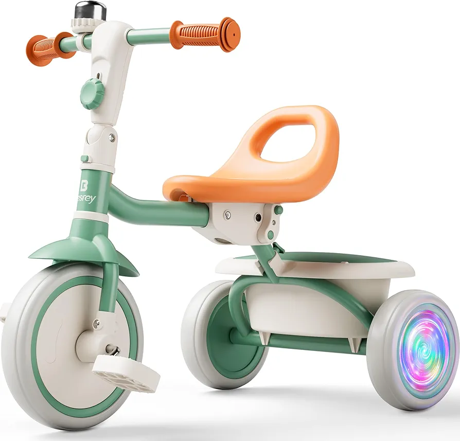 besrey Kids Tricycle with Flash Wheels for Ages 18 Months to 5 Years, Toddler Tricycle with Bell, Kids Tricycle, Gift for 2-5 Year Olds, Gift and Toy for Boys and Girls, Tricycle for Toddlers, Green