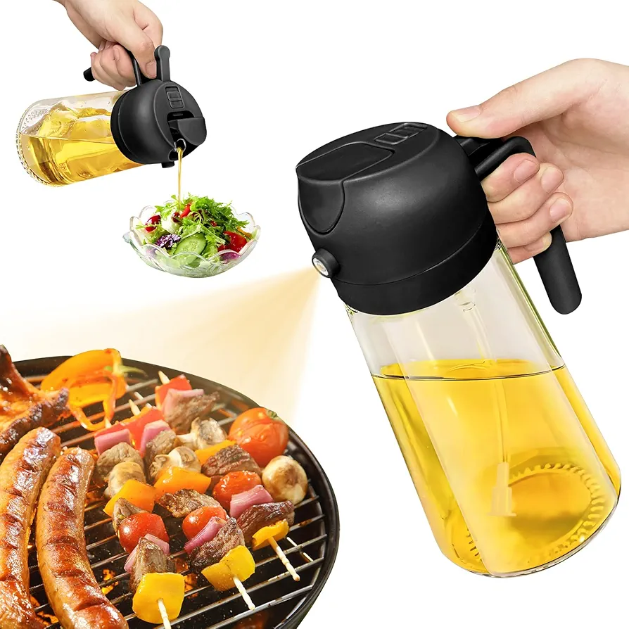 Kaemi 2 in 1 Oil Dispenser and Oil Sprayer for Cooking, 16oz/470ml Olive Oil Dispenser Bottle Spray and Pour for Kitchen, Salad, Air Fryer, Bbq(Black)