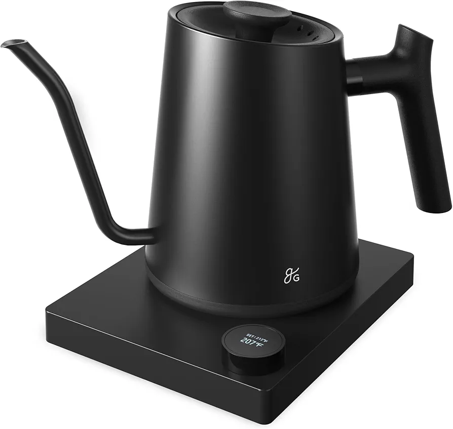 Greater Goods Electric Gooseneck Kettle, 1200W Stainless Steel with Precision Temperature Control, Fast Boil, BPA-Free, Ideal for Pour Over Coffee and Tea,1L (Onyx Black)