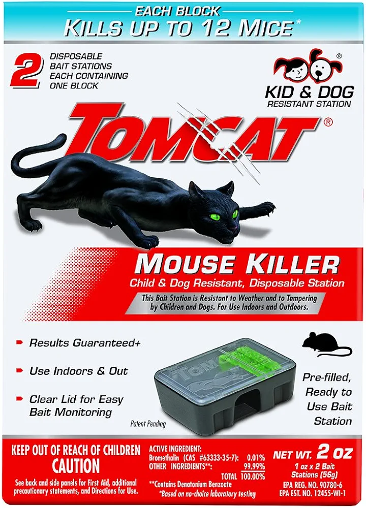 Tomcat Mouse Killer Disposable Station for Indoor/Outdoor Use - Child & Dog Resistant, 2 Stations with 1 Bait Each