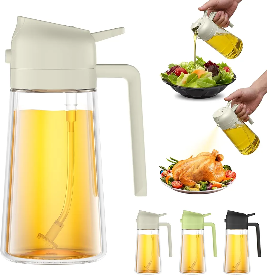 PUZMUG Oil Dispenser for Kitchen, 2 in 1 Olive Oil Dispenser Bottle, 17oz/500ml Glass Oil Dispenser Bottle & Oil Spray Bottle,Oil Sprayer for Cooking, Kitchen, Salad, Barbecue (White)