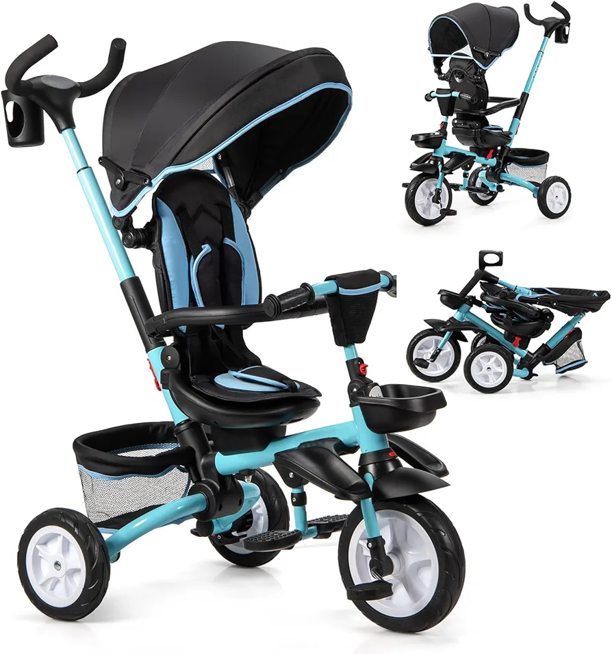 HONEY JOY Tricycle, 7 in 1 Folding Steer Baby Trike w/Adjustable Handle & Canopy, Reversible Seat, Safety Belt, Folding Pedal, Cup Holder, Storage, Push Tricycle for Toddlers 1-5 Year Old (Blue)