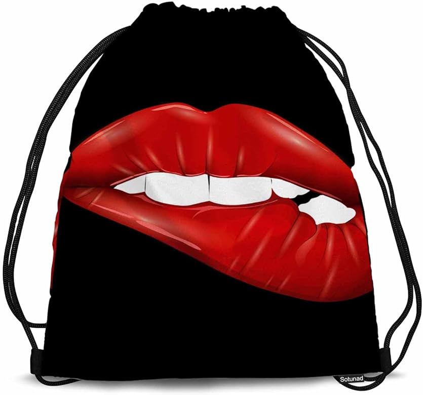 Gym Backpack Sexy Red Lip Bite The Lips White Teeth Black Background Drawstring Backpack for Dance Gym Sports Soccer Basketball Running 14x16.9 Inch