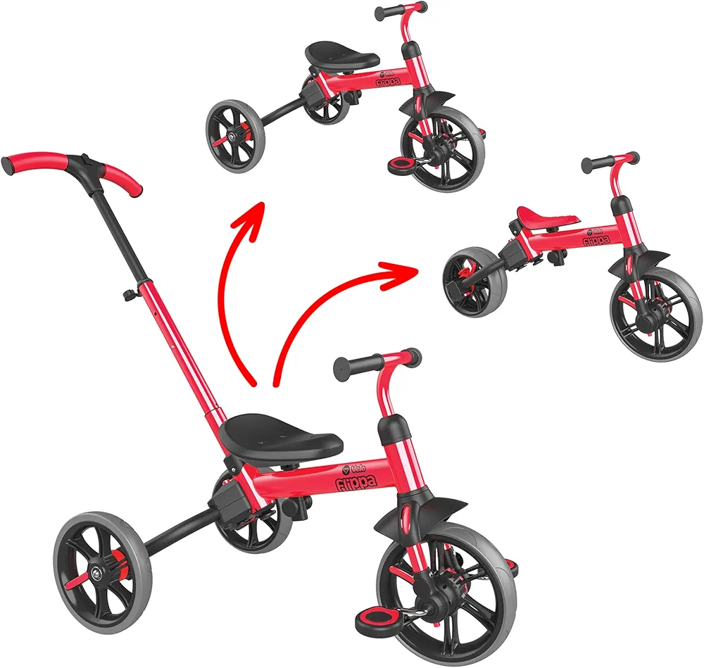 Yvolution 3 in 1 Toddler Trike Y Velo Flippa Push Tricycle Toddler Balance Bike with Parent Steering Push Handle for Boys Girls 2-5 Years Old