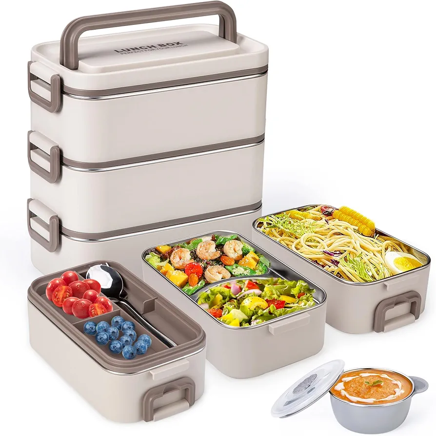 Bento Box Adult Lunch Box, Stackable 3 Layer 304 Stainless Steel Lunch box for Adults Kids Office, 3L Large Capacity Portable Lunch Box Containers with Soup Bowl Spoon and Fork