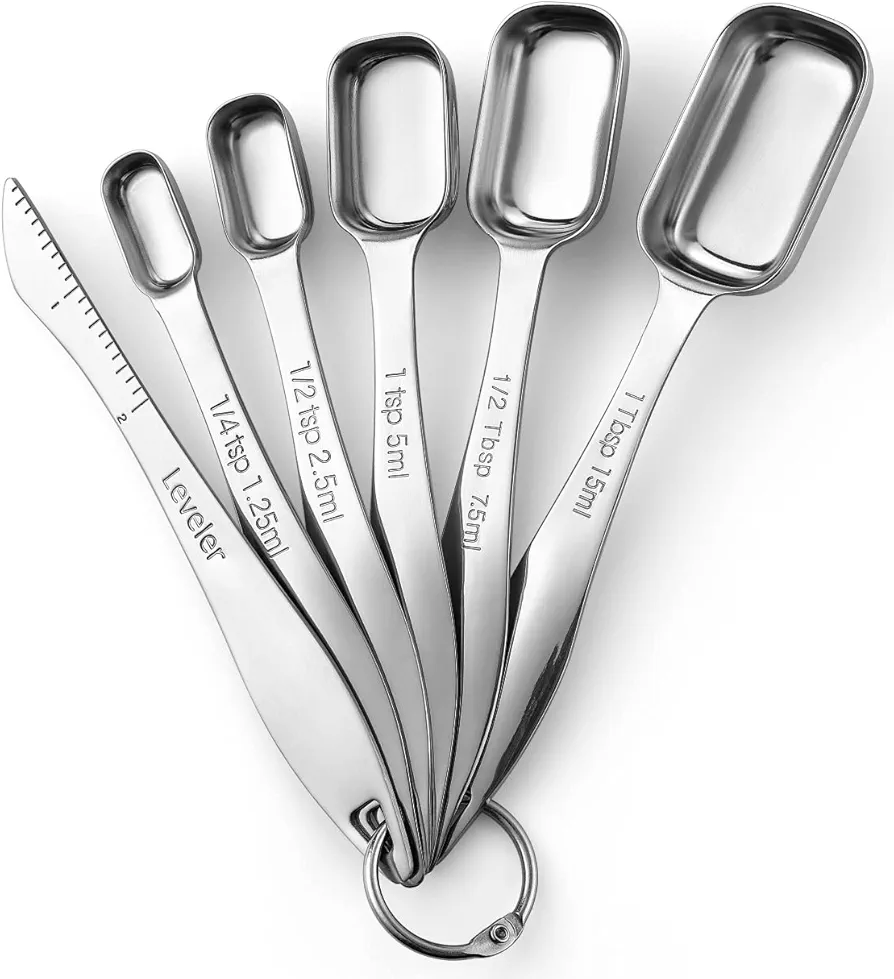 Spring Chef Stainless Steel Measuring Spoons Set of 6 with Leveler, Rectangular Metal Teaspoon & Tablespoon Measuring Spoons for Dry & Liquid Ingredients - Nesting Kitchen Gadgets For Baking & Cooking