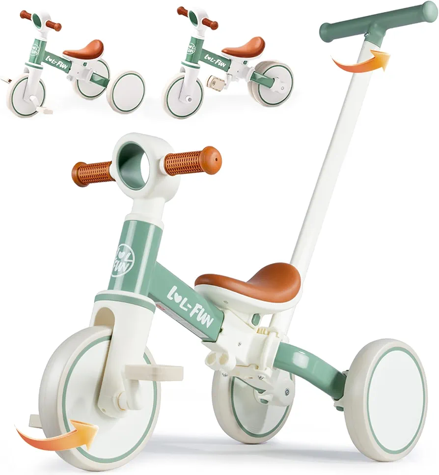 LOL-FUN 5 in 1 Toddler Tricycles for 1-3 Year Olds Boys Girls Toy, Baby Balance Bike 1 Year Old Kids Gift with Parent Steering Push Handle