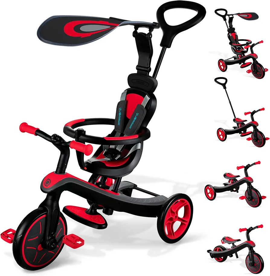 Globber 4-in-1 Toddler Trike Push Bike Stroller – Learning Tricycle for Toddlers Converts Into Balance Bike – Safe Outdoor Ride On Toys for Kids (Red)