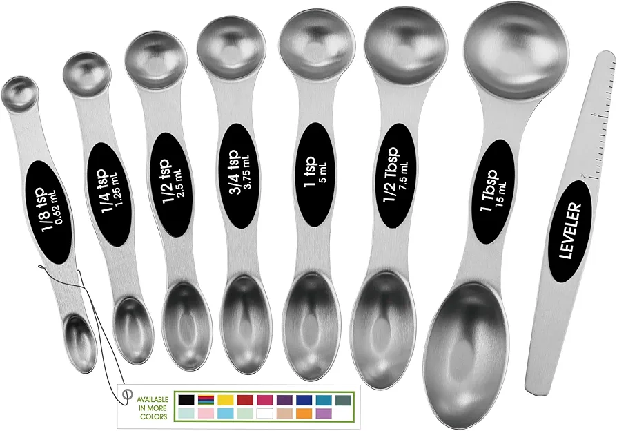 Spring Chef Magnetic Measuring Spoons Set with Strong N45 Magnets, Heavy Duty Stainless Steel Metal, Fits in Most Kitchen Spice Jars for Baking & Cooking, BPA Free, Black, Set of 8 with Leveler