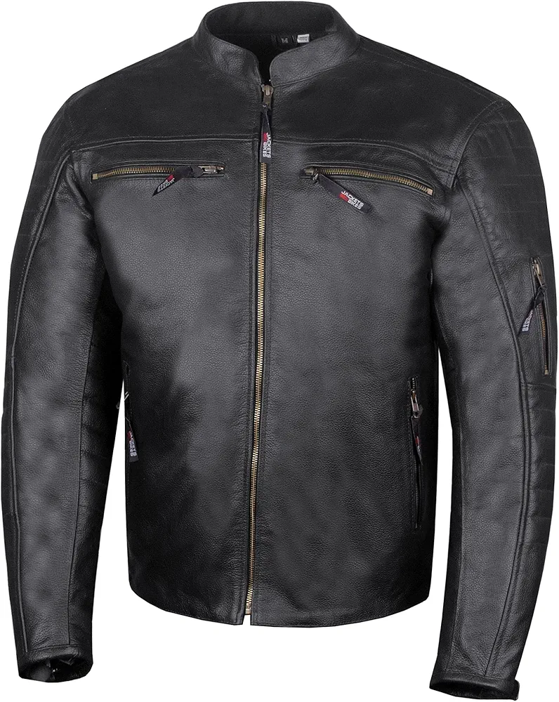 Men's REVOLT Premium Buffalo Natural Leather Motorcycle Jacket - CE Armor, Vented, Removable Liner, Concealed Carry Pockets - Cruiser Retro Touring Biker Jacket Black XL