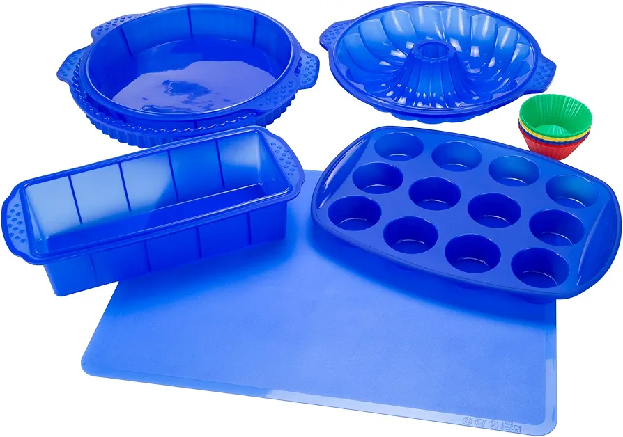 Classic Cuisine 82-18700-BLU Silicone Bakeware, 18-Piece Set Including Cupcake Molds, Muffin, Bread, Cookie Sheet, Bundt Pan, Baking Supplies, Blue