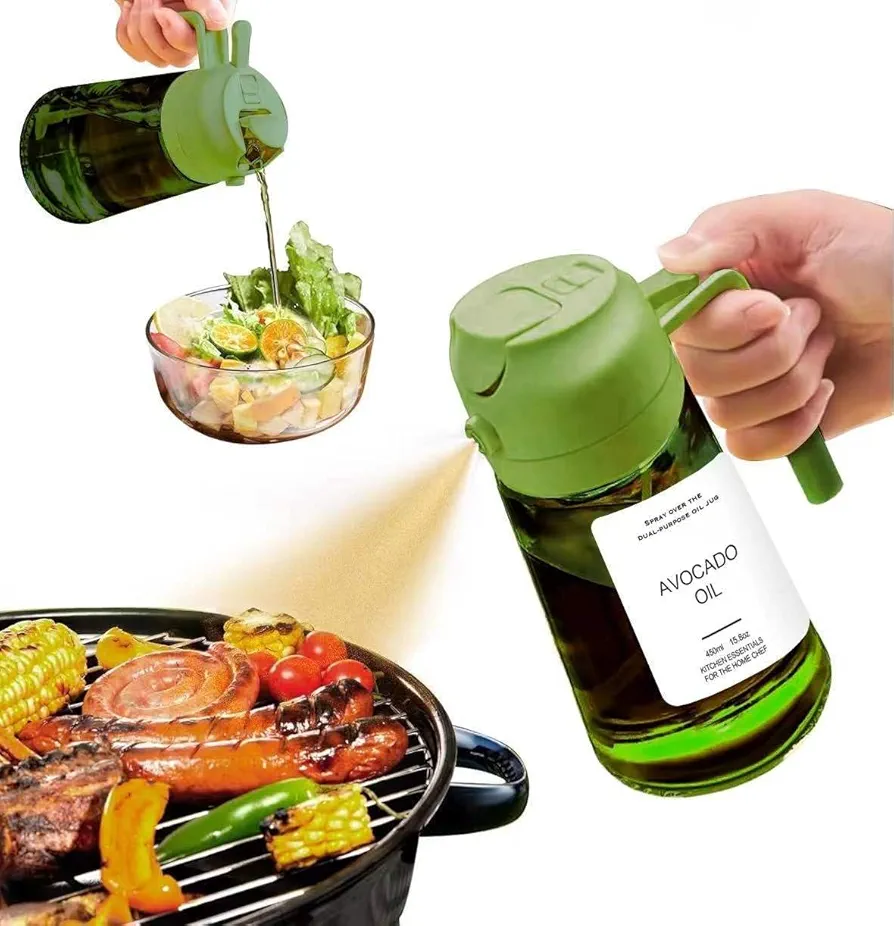 2 in 1 Oil Dispenser Bottle for Cooking - 16oz / 450ml Olive Oil Bottle - Reciprocal 2 way Two in One Olive Oil Dispenser/Oil Sprayer for BBQ, Salad, Upgraded Light-Blocking (Green)