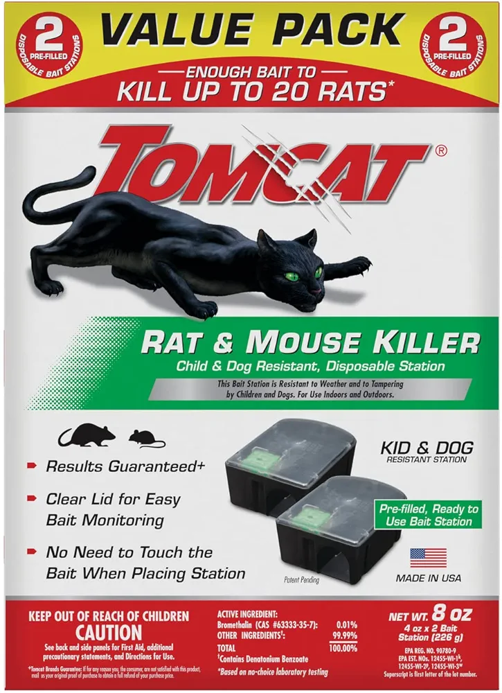 Tomcat Rat and Mouse Killer Disposable Stations for Indoor/Outdoor Use: Child and Dog Resistant, Pre-Filled, Easy Monitoring, 2-Pack