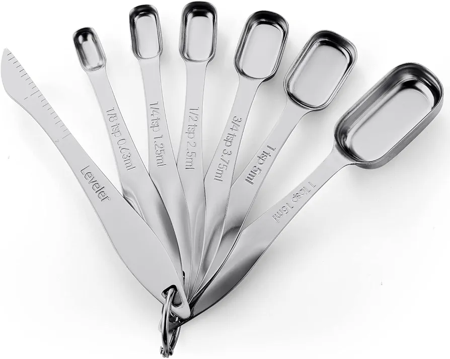 Spring Chef Stainless Steel Measuring Spoons Set of 7 with Leveler, Rectangular Metal Teaspoon & Tablespoon Measuring Spoons for Dry & Liquid Ingredients - Nesting Kitchen Gadgets For Baking & Cooking