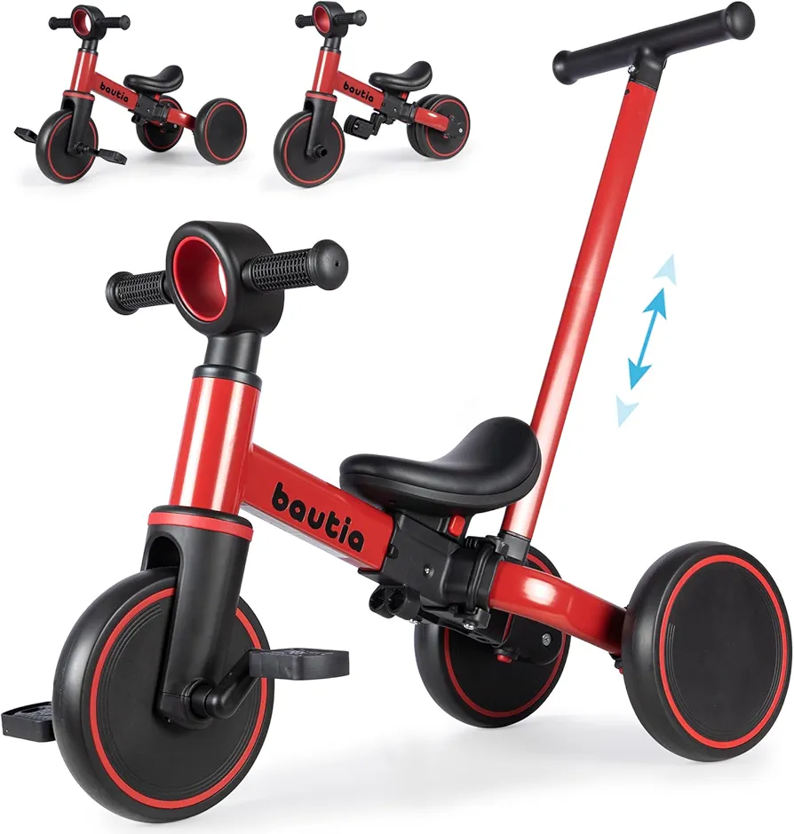 Kids Tricycle for Toddlers 1-3 with Push Handle, 5 in 1 Baby Balance Bike Toy for 1-4 Years Old Boys Girls Gift with Removable Pedals, Red (No Parent Steering Version)