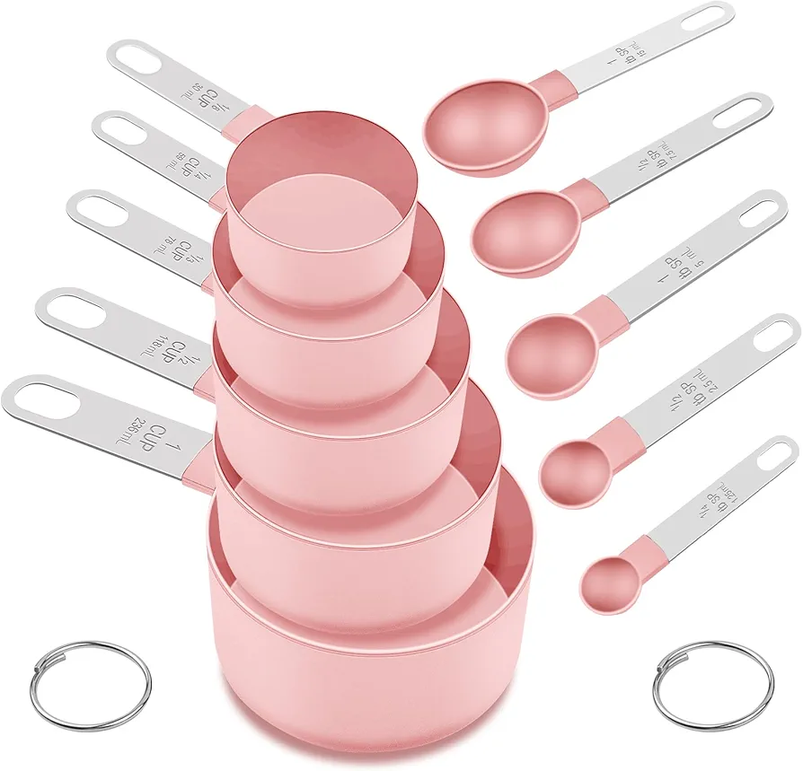 Measuring Cups and Spoons Set, 10 Pieces Nesting Measure Cups and Spoons, Kitchen Essentials Gadgets with Stainless Steel Handle for Dry & Liquid Ingredient, Pink