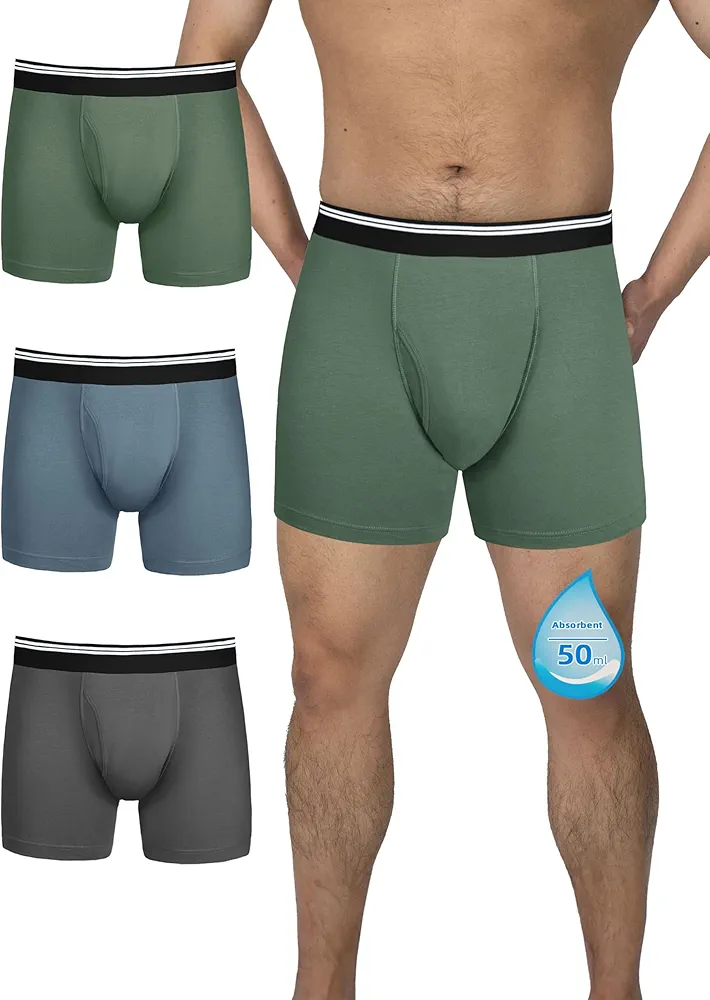 Mens Incontinence Underwear Boxer Briefs Washable Leak Proof Underwear for Men Soft Reusable 3 Pack(Dark Grey/Green/Blue, X-Large)