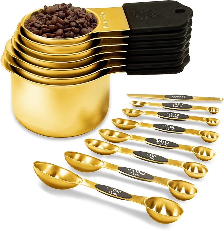 Magnetic Measuring Cups and Spoons Set, Including 7 Stainless Steel Nesting Gold Measuring Cups & 8 Magnetic Gold Measuring Spoons with 1 Leveler for Cooking & Baking