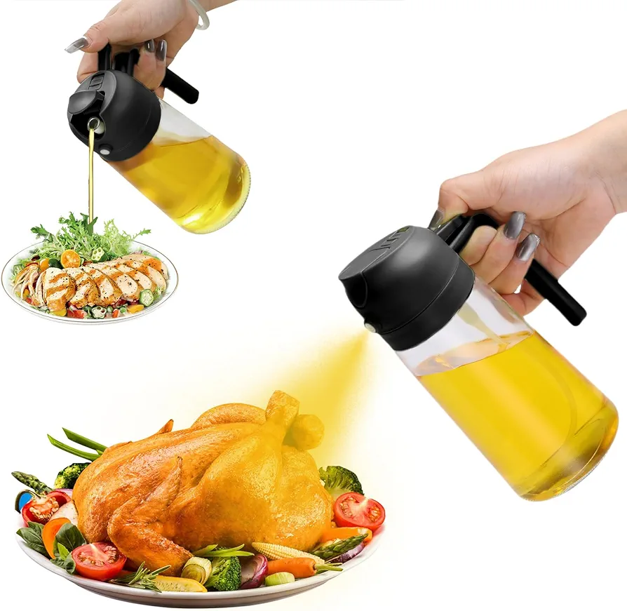 Aovdy Oil Sprayer for Cooking 16oz,2 in 1 Olive Oil Dispenser and Oil Sprayer - 470ml olive bottle spray and pour - olive glass oil dispenser for kitchen Cooking Salad BBQ (Black)