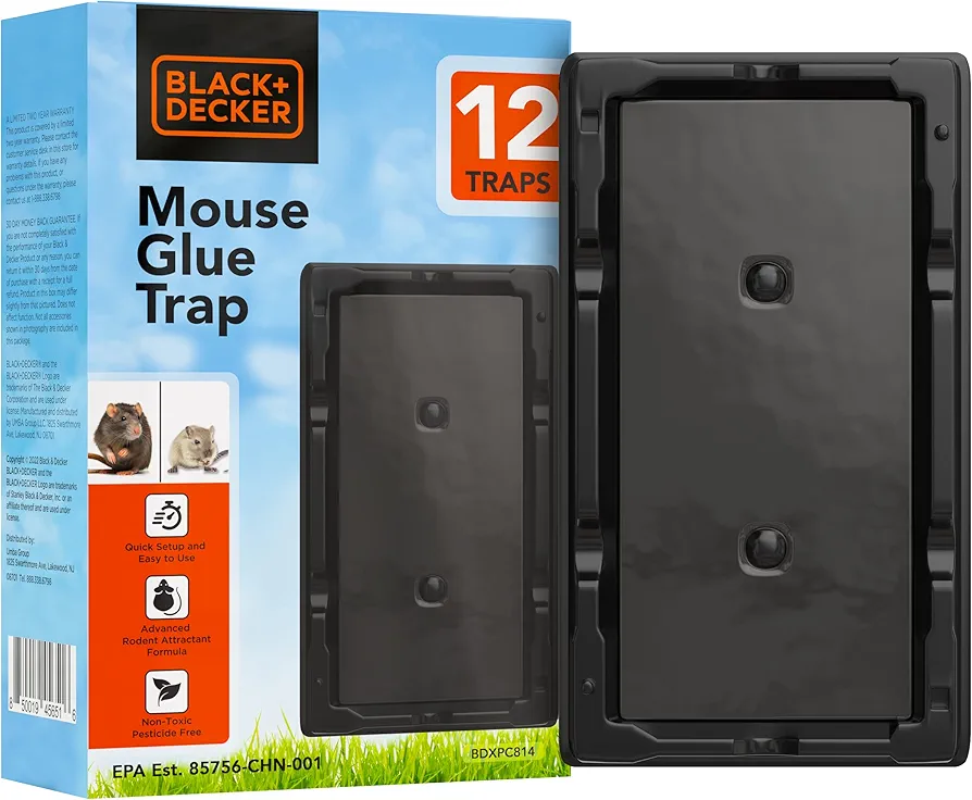 BLACK+DECKER Glue Traps for Mouse & Insect- Heavy- Duty Sticky Traps for Mice, Small Rats, Flies, Cockroaches & Other Bugs- Eco Friendly, Odorless Pest Remover- 12 Pack, Black