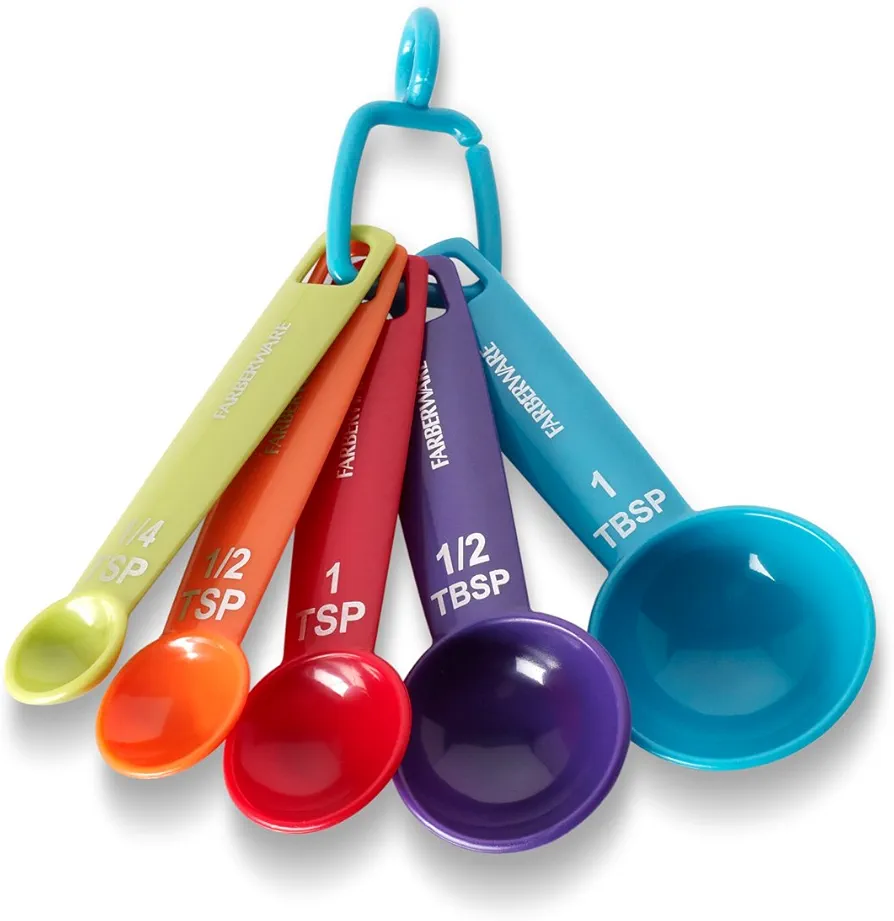 Farberware Set of 5 Measuring Spoons, Perfect for Measuring Both Wet and Dry Indgredients, Includes Detachable Ring for Optimal Storage and Organization, Dishwasher Safe, Assorted