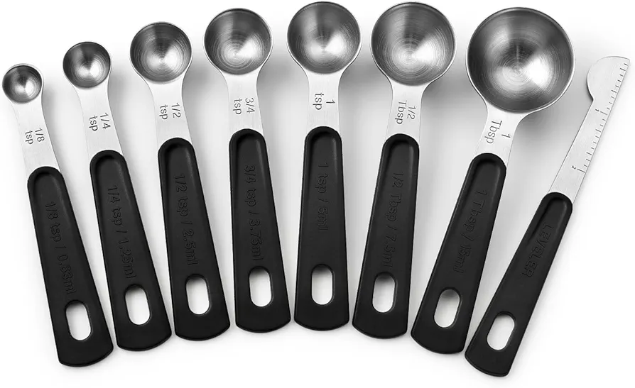 Spring Chef Stainless Steel Magnetic Measuring Spoons Set of 8 with Leveler, Round Metal Teaspoon & Tablespoon Measuring Spoons - Kitchen Gadgets For Baking and Cooking