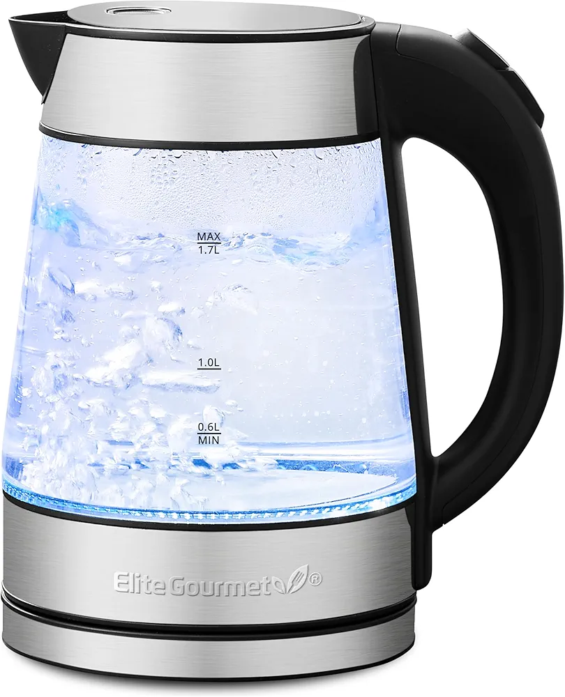 Elite Gourmet EKT-602 Electric BPA-Free Glass Kettle, Cordless 360° Base, Stylish Blue LED Interior, Handy Auto Shut-Off Function – Quickly Boil Water For Tea & More