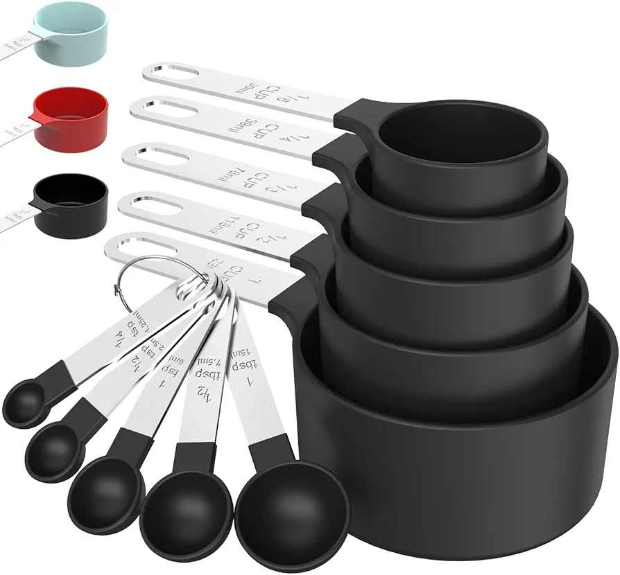 TILUCK Measuring Cups & Spoons Set, Stackable Cups and Spoons, Nesting Measure Cups with Stainless Steel Handle, Kitchen Gadgets for Cooking & Baking (Black)