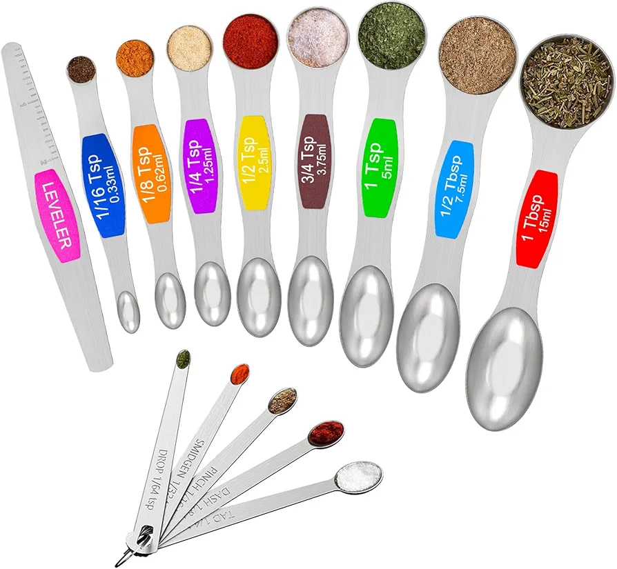 Wildone 14 Piece Stainless Steel measuring spoons Set, Including 8 Double Sided Magnetic, 1 Leveler and 5 Mini, for Dry and Liquid Ingredients, Fits in Spice Jar