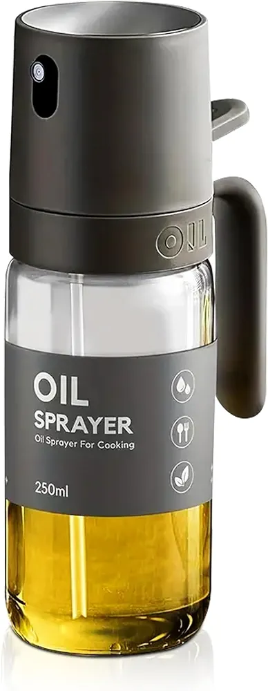 Oil Sprayer Kitchen Gadget for Cooking High Borosilicate Glass Oil Sprayer Mister, 250ml Olive Oil Spray Bottle for AirFryer, Salad, BBQ, Kitchen Baking, Roasting, Dark Gray