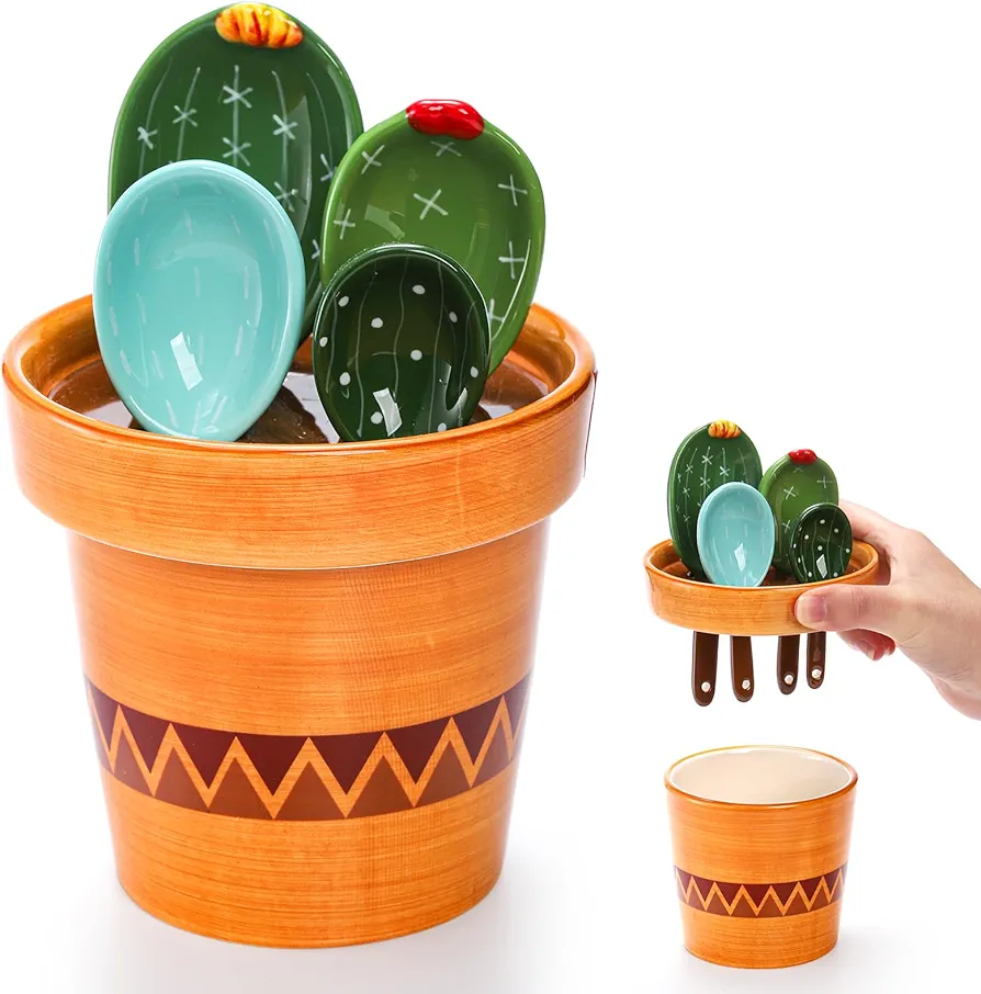 Coloch 5Pcs Ceramic Measuring Spoons in Pot, Cactus Shape Baking Measuring Spoons and Cup Decorative Cactus Figurine Measuring Spoons Set for Baking, Milk, Sugar, Salt, 1/4 tsp, 1/2 tsp, 1 tsp, 1 Tbsp